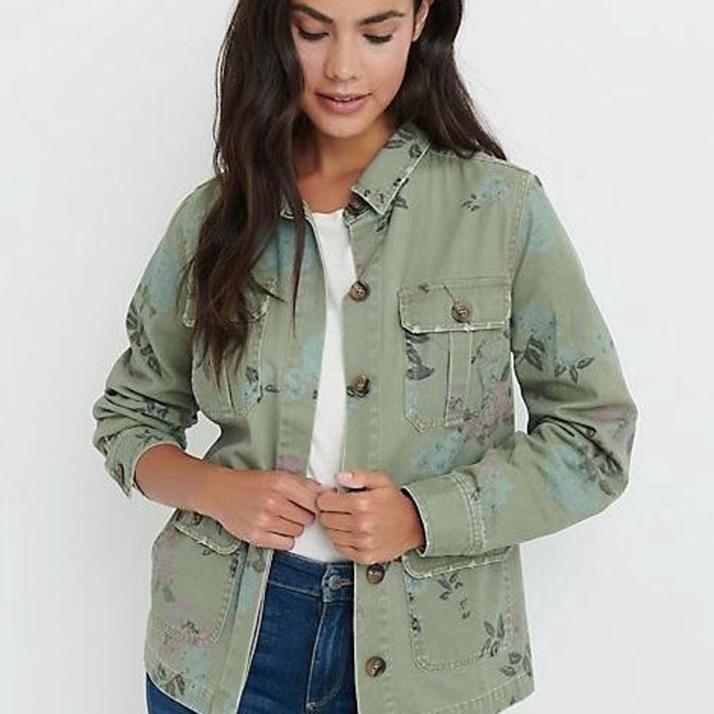 Lucky Brand Utility Jacket Small Olive Green Floral Print Military‎ Boho Shacket